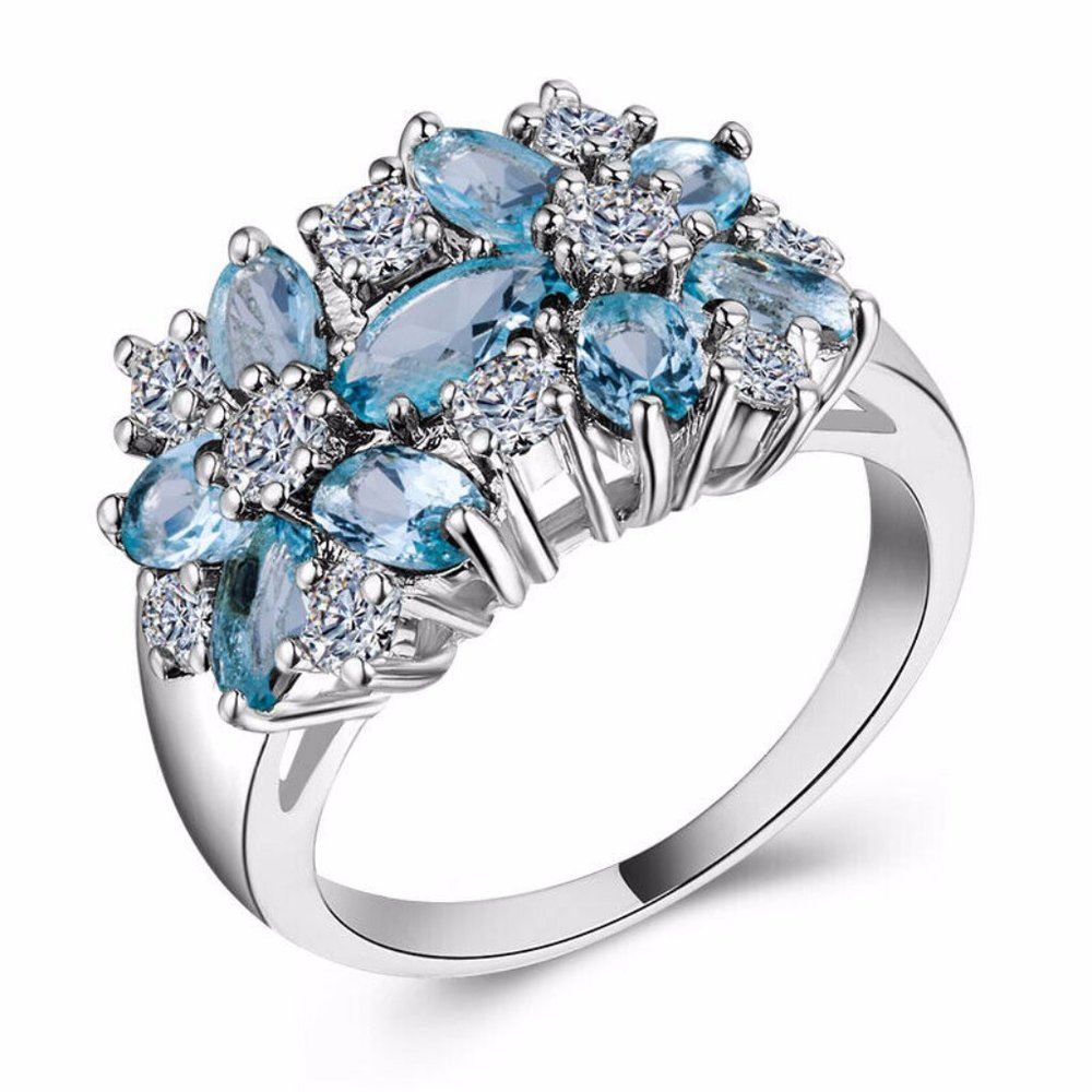 Elegant 925 Silver Flower Shaped Aquamarine Ring - Picture 1 of 4